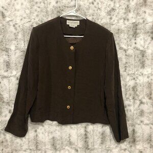 Maggie London Womens Blazer size 12 Silk Button Up Brown with Gold Buttons